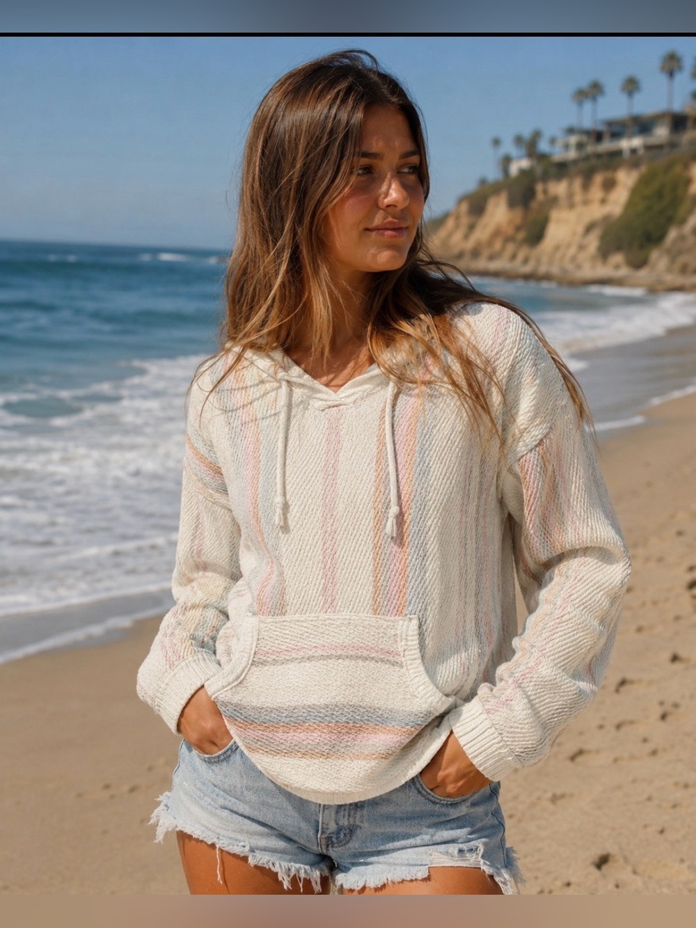 Vintage Havana light weight Cream Striped Hooded Pullover